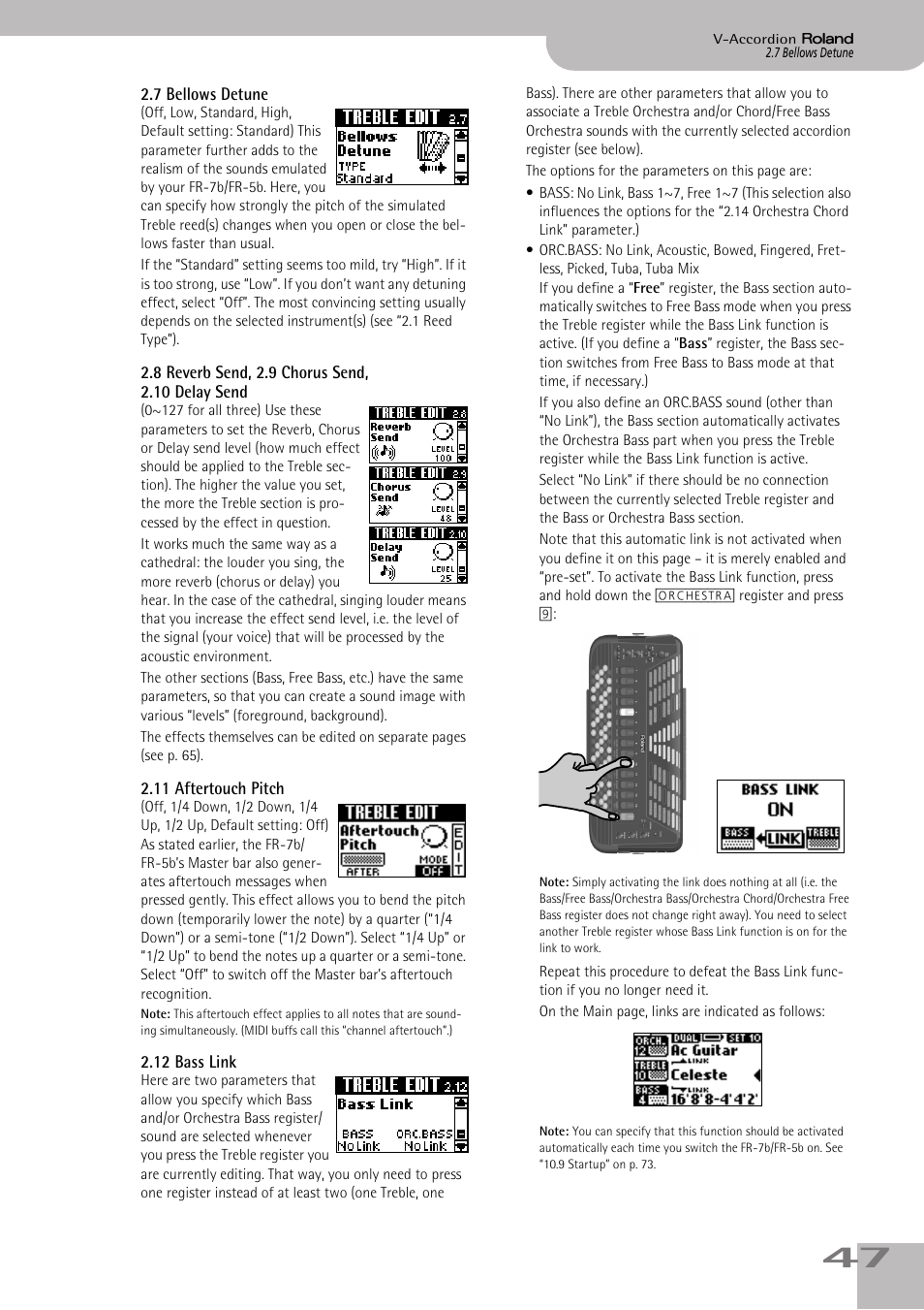 7bellows detune, 8reverb send, 2.9chorussend, 2.10delaysend, 11aftertouch pitch | 12bass link, Functions (see p. 47), P. 47 | Roland V-ACCORDION FR-7 User Manual | Page 47 / 118