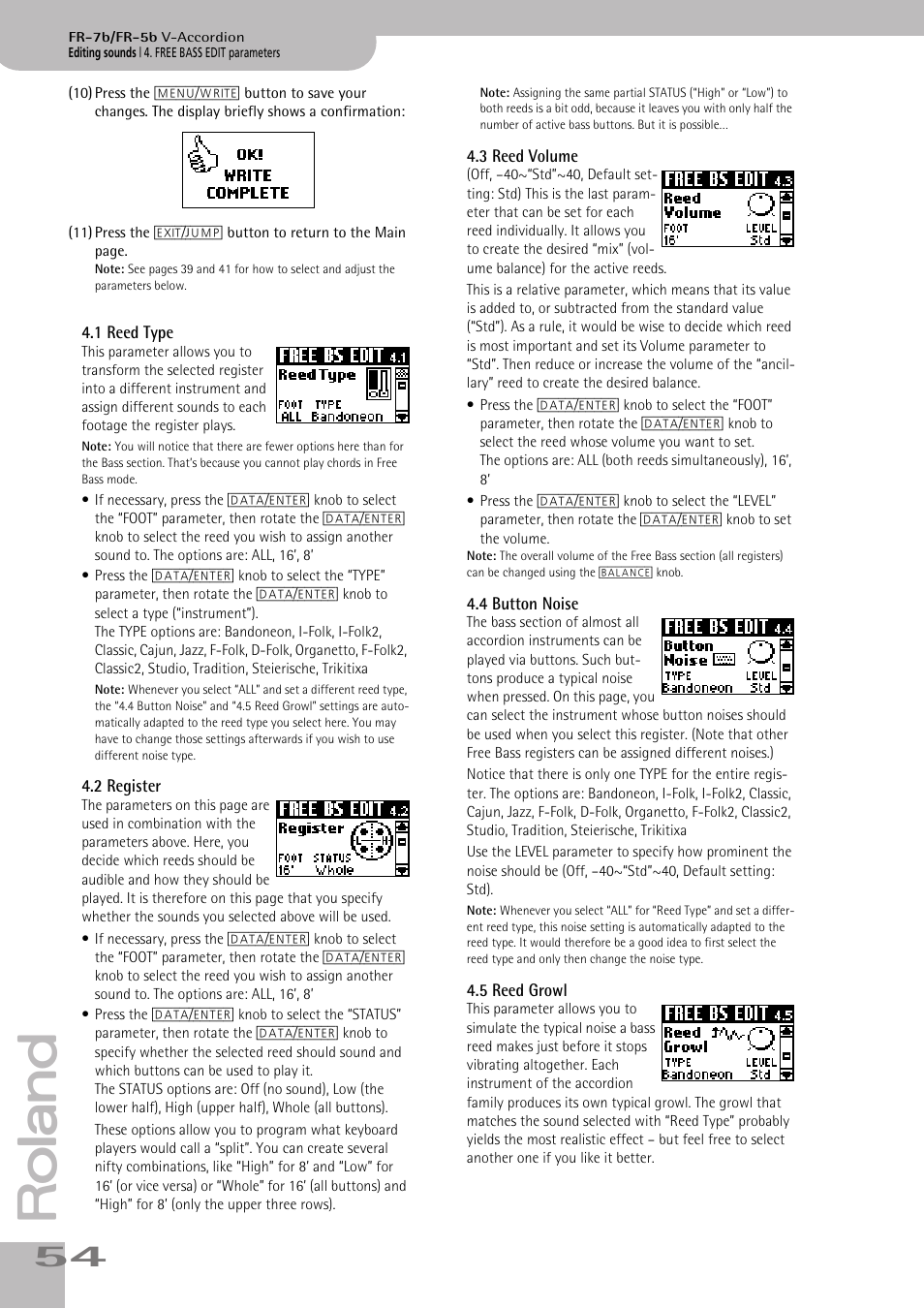 1reed type, 2register, 3reed volume | 4button noise, 5reed growl, P. 54 | Roland V-ACCORDION FR-7 User Manual | Page 54 / 118