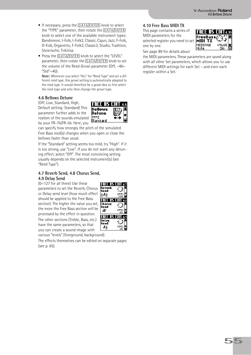 6bellows detune, 7reverb send, 4.8chorus send, 4.9delaysend, 10free bass midi tx | P. 55 | Roland V-ACCORDION FR-7 User Manual | Page 55 / 118