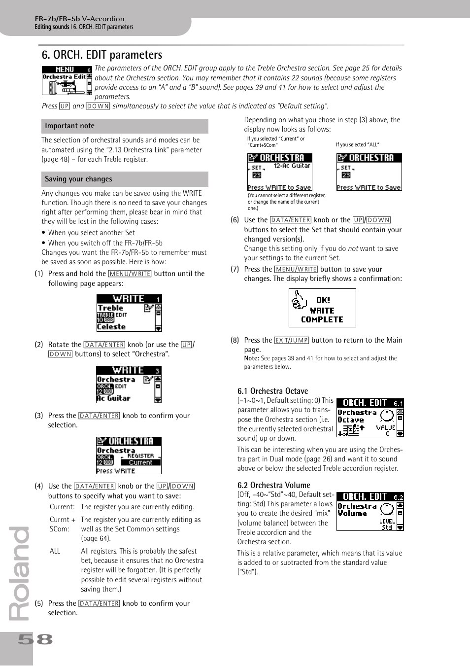 orch. edit parameters, 1orchestra octave, 2orchestra volume | Orch. edit parameters, P. 58 | Roland V-ACCORDION FR-7 User Manual | Page 58 / 118