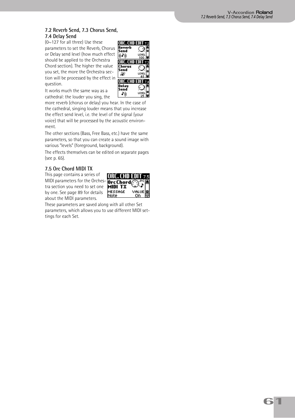 2reverb send, 7.3chorus send, 7.4delaysend, 5orc chord midi tx, P. 61 | Roland V-ACCORDION FR-7 User Manual | Page 61 / 118