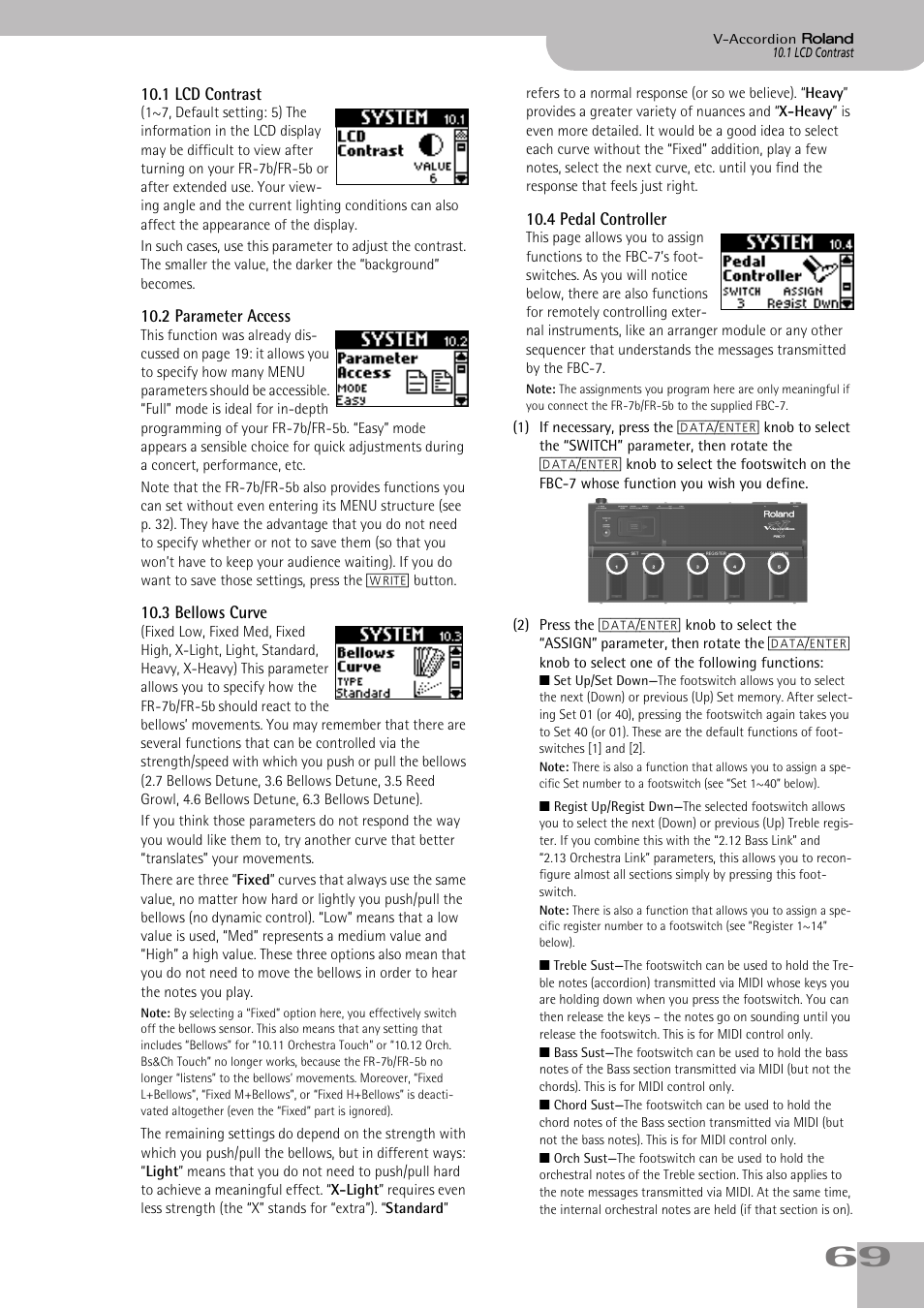 1lcd contrast, 2parameter access, 3bellows curve | 4pedal controller, P. 69 | Roland V-ACCORDION FR-7 User Manual | Page 69 / 118