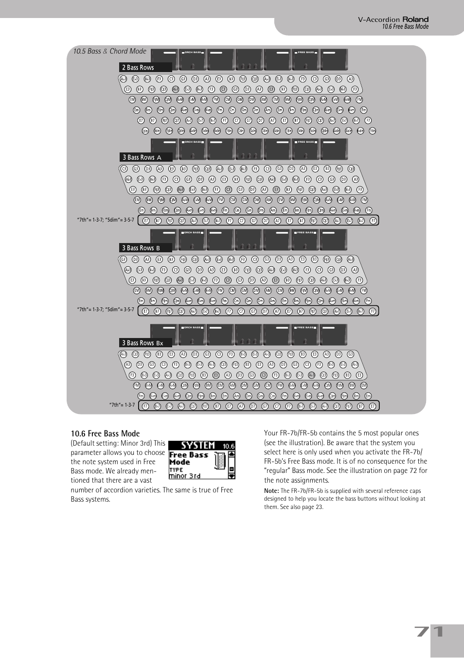 6free bass mode, P. 71, 6 free bass mode | 5 bass & chord mode, 6 free bass mode v-accordion | Roland V-ACCORDION FR-7 User Manual | Page 71 / 118