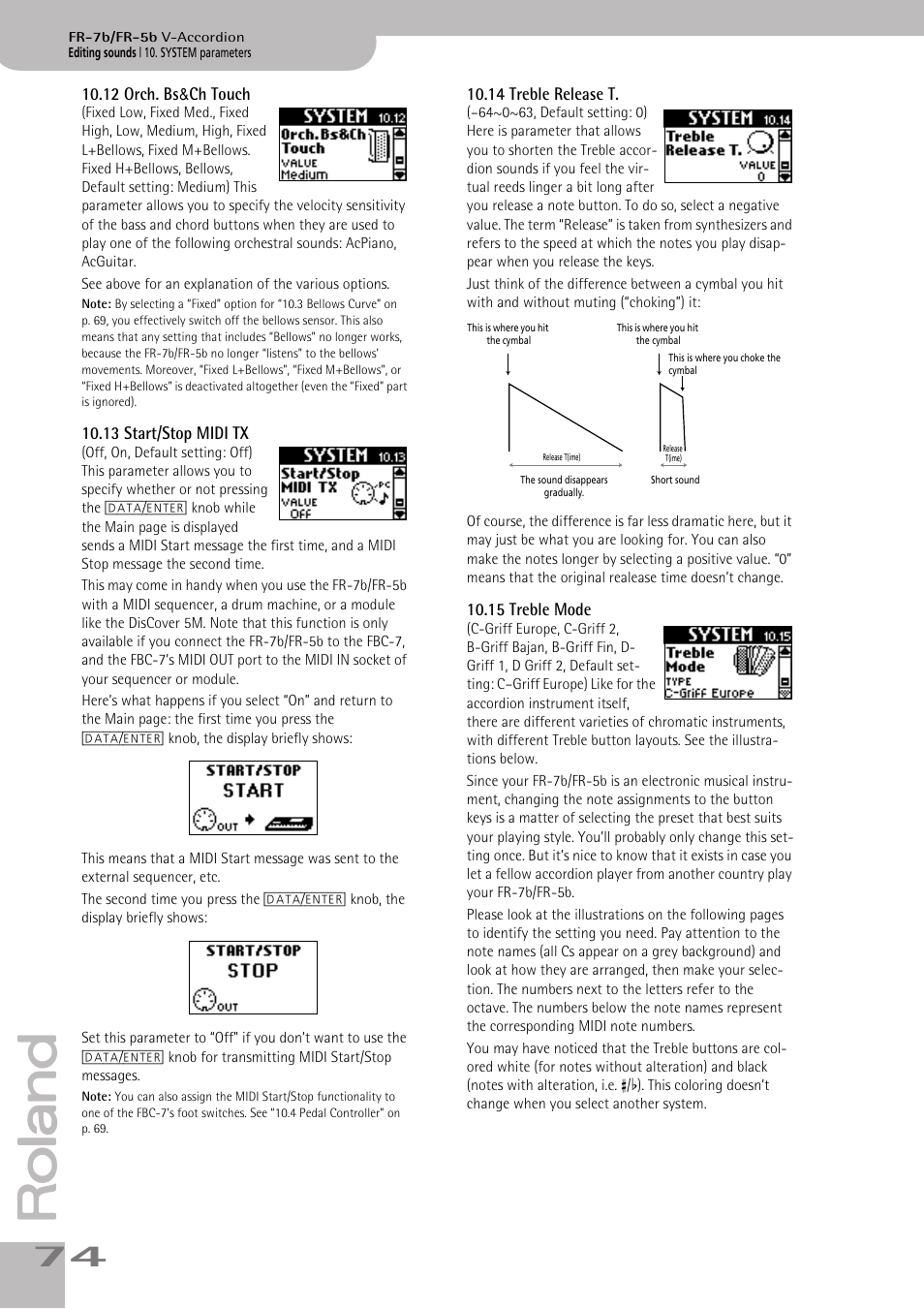 12orch. bs&ch touch, 13start/stop midi tx, 14treble release t | 15treble mode, Device (see p. 74), P. 74, Or “10.12 orch. bs&ch touch | Roland V-ACCORDION FR-7 User Manual | Page 74 / 118