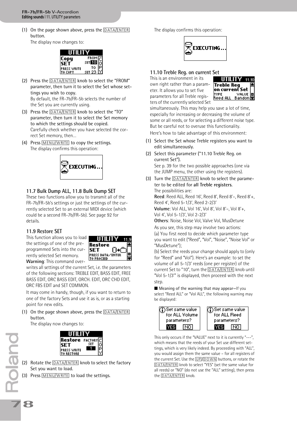 7bulk dump all, 11.8bulk dump set, 9restore set, 10treble reg. on currentset | P. 78 | Roland V-ACCORDION FR-7 User Manual | Page 78 / 118