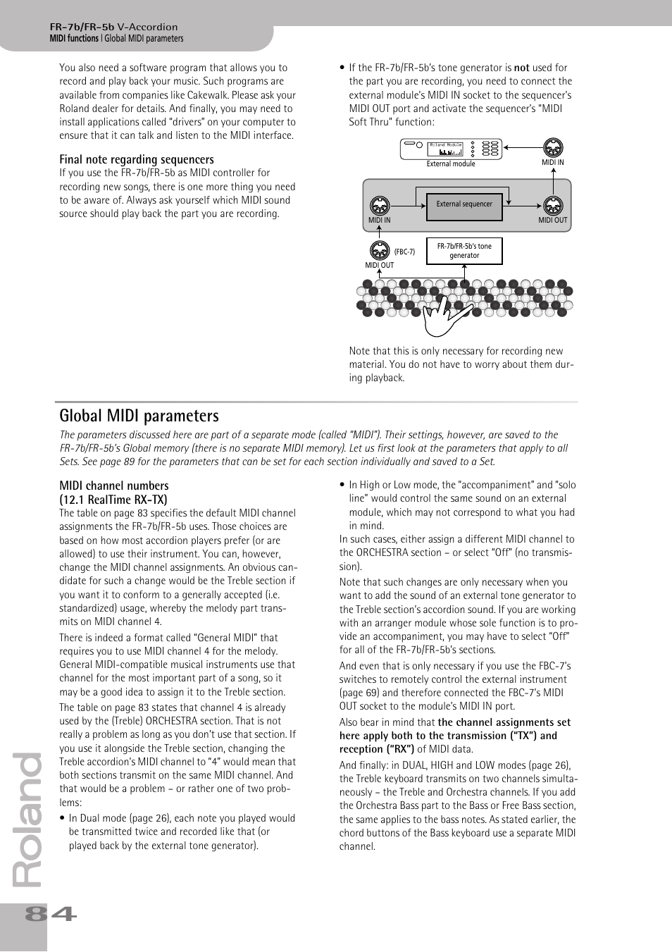 Final note regarding sequencers, Global midi parameters, Midi channel numbers | P. 84 | Roland V-ACCORDION FR-7 User Manual | Page 84 / 118