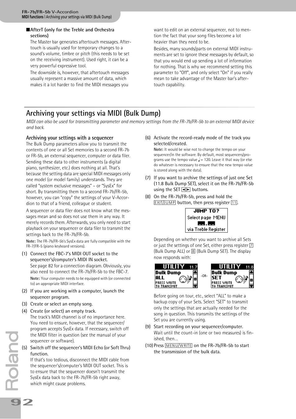 Archiving your settings via midi (bulk dump), Archiving your settings with a sequencer | Roland V-ACCORDION FR-7 User Manual | Page 92 / 118