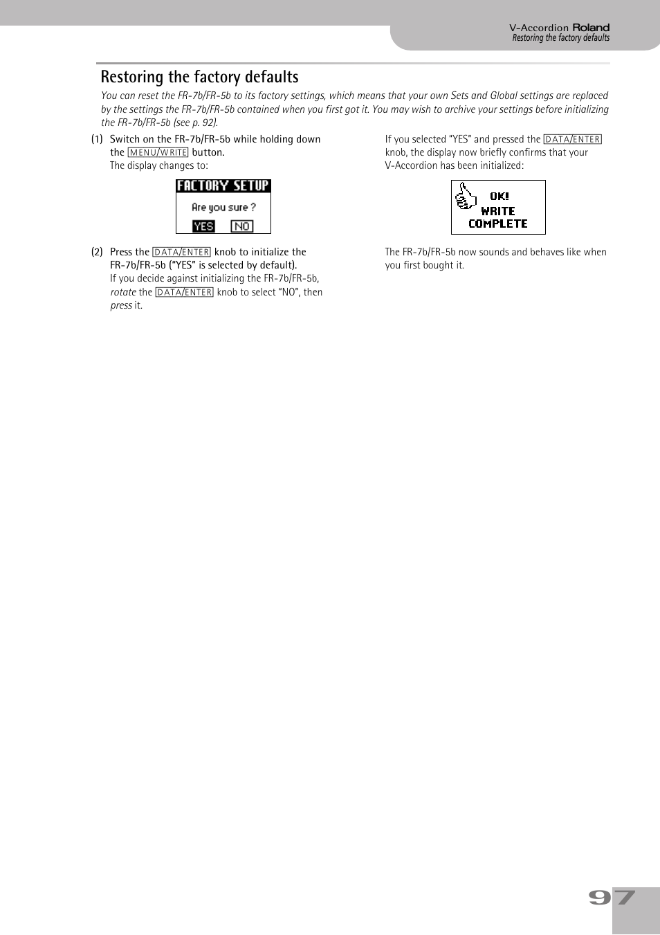 Restoring the factory defaults | Roland V-ACCORDION FR-7 User Manual | Page 97 / 118