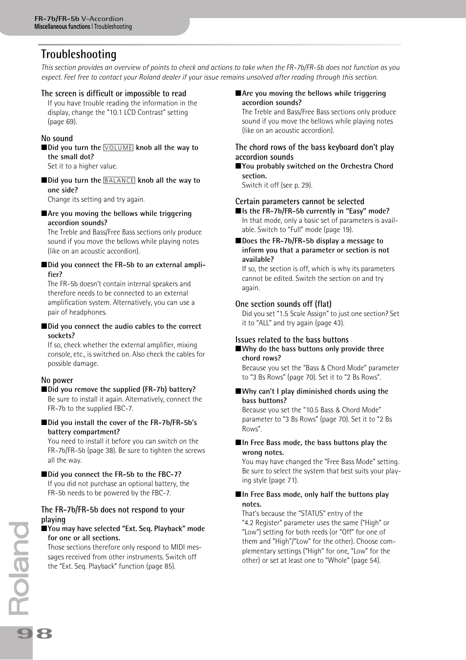Troubleshooting, The screen is difficult or impossible to read | Roland V-ACCORDION FR-7 User Manual | Page 98 / 118