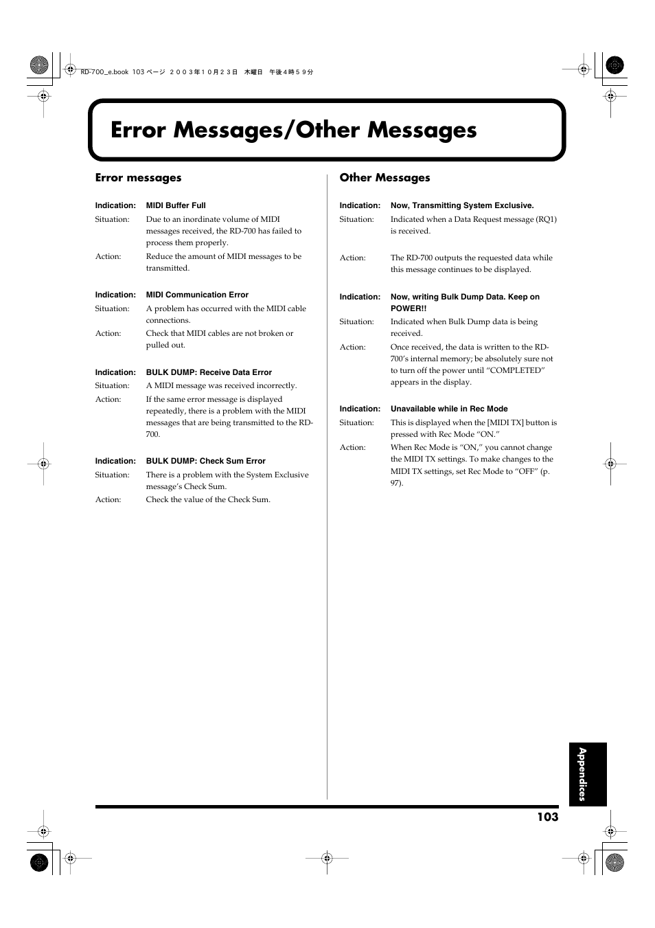 Error messages/other messages, Error messages, Other messages | Roland RD-700 User Manual | Page 103 / 172