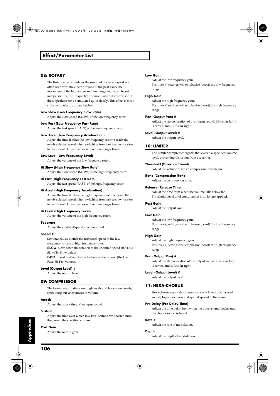 106 effect/parameter list | Roland RD-700 User Manual | Page 106 / 172