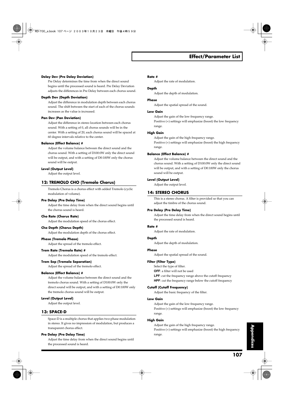 107 effect/parameter list | Roland RD-700 User Manual | Page 107 / 172