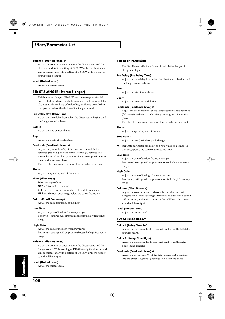 108 effect/parameter list | Roland RD-700 User Manual | Page 108 / 172