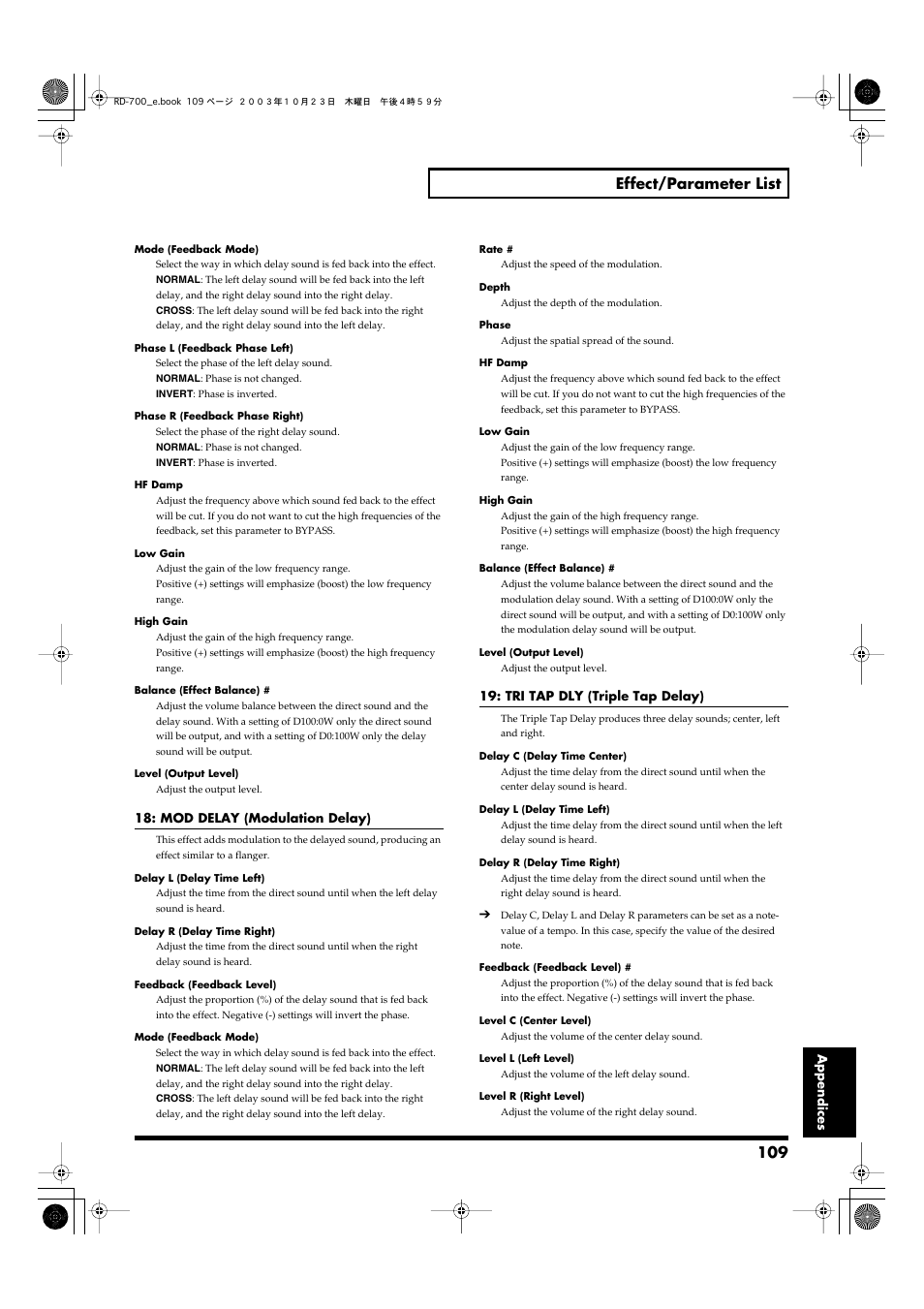 109 effect/parameter list | Roland RD-700 User Manual | Page 109 / 172