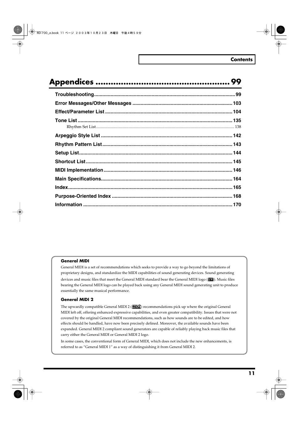 Appendices | Roland RD-700 User Manual | Page 11 / 172