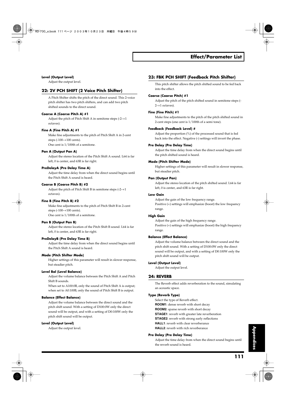 111 effect/parameter list | Roland RD-700 User Manual | Page 111 / 172