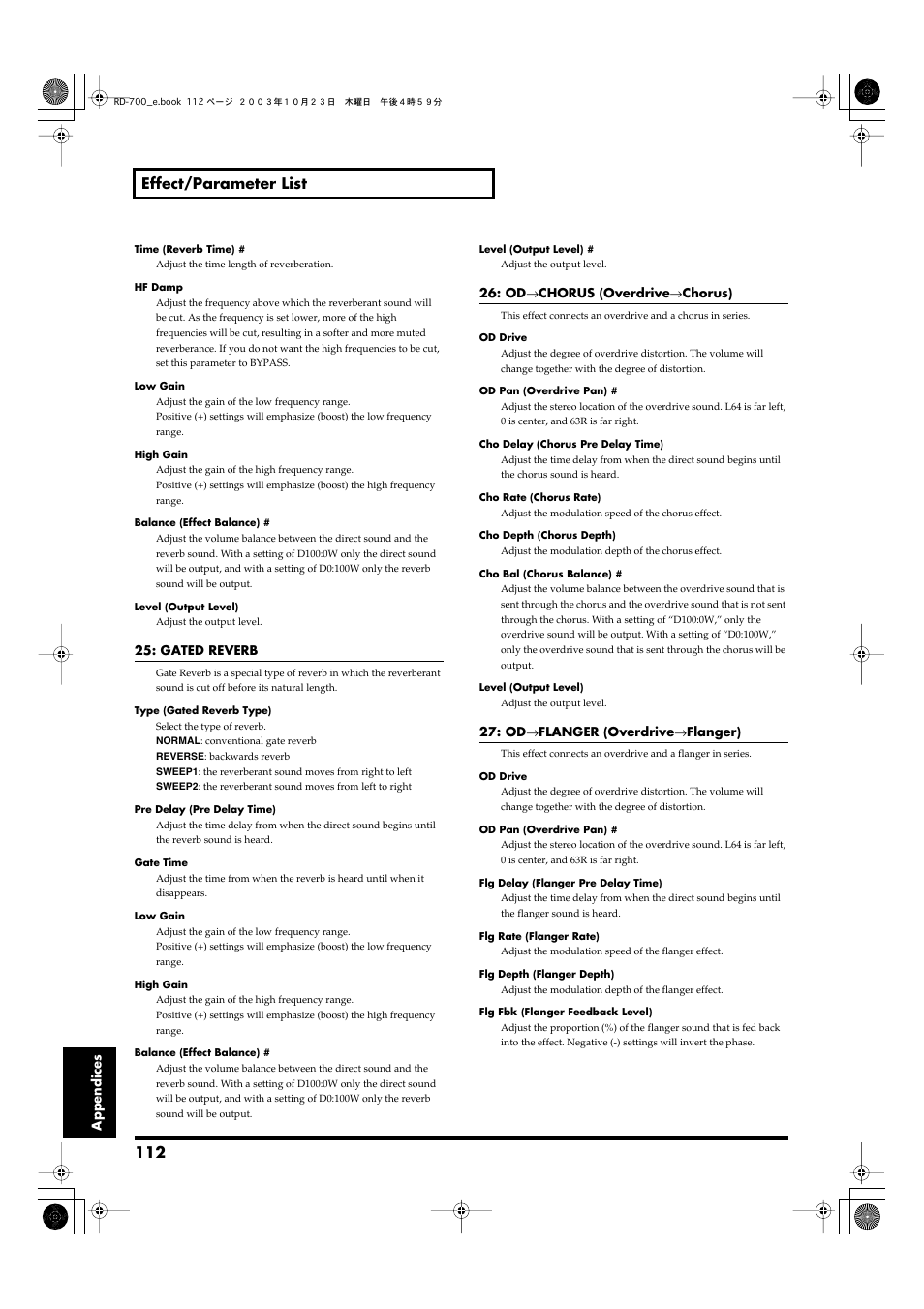 112 effect/parameter list | Roland RD-700 User Manual | Page 112 / 172