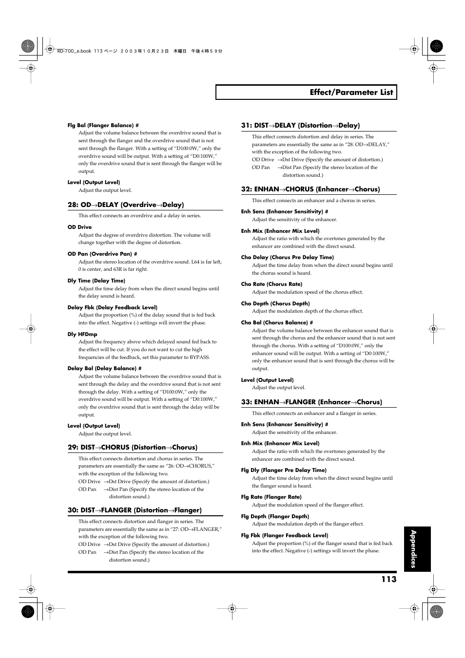 113 effect/parameter list | Roland RD-700 User Manual | Page 113 / 172