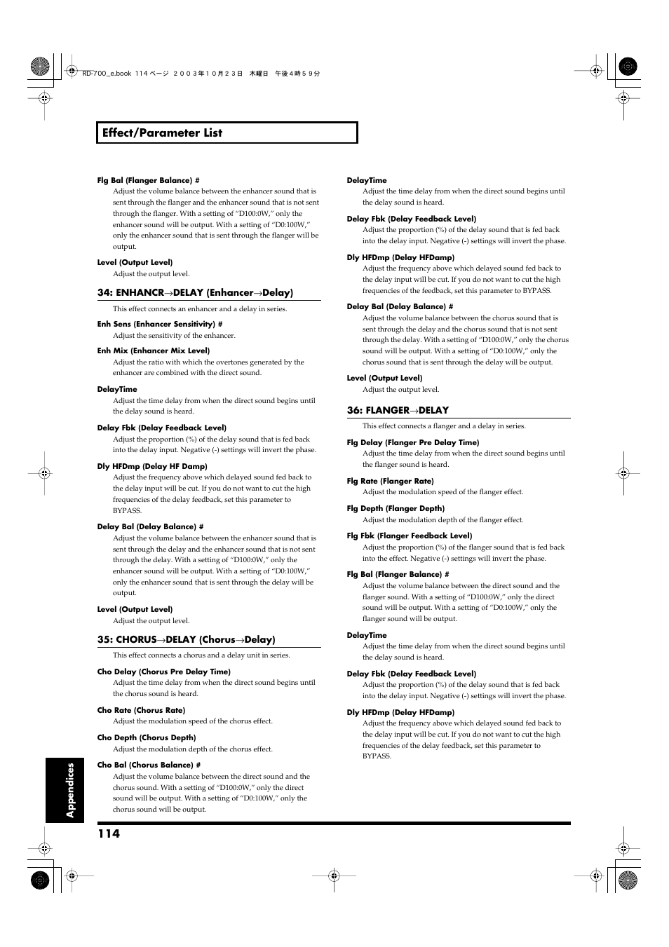 114 effect/parameter list | Roland RD-700 User Manual | Page 114 / 172