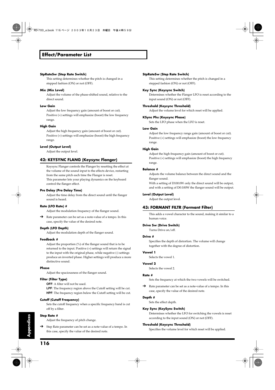 116 effect/parameter list | Roland RD-700 User Manual | Page 116 / 172