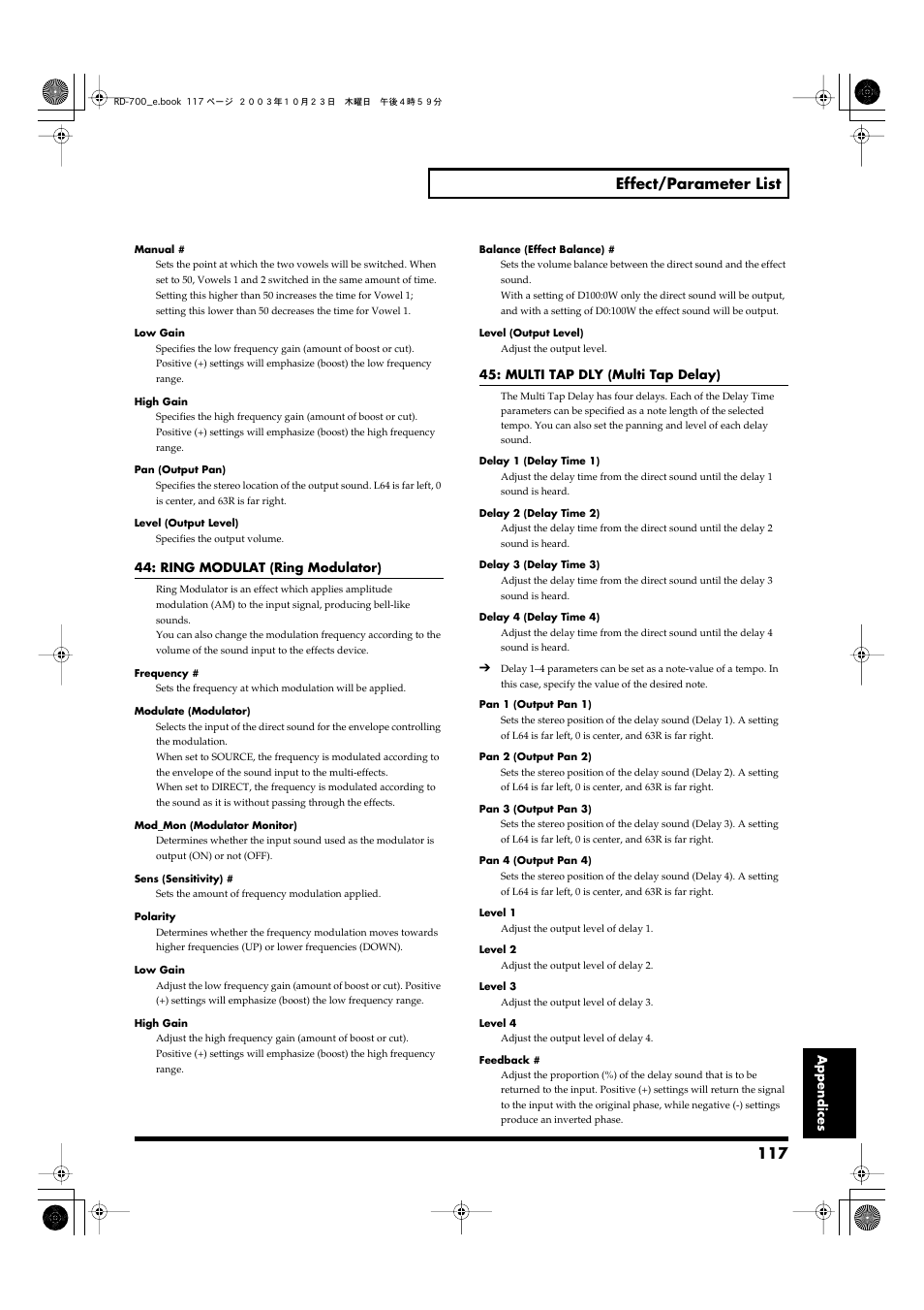 117 effect/parameter list | Roland RD-700 User Manual | Page 117 / 172