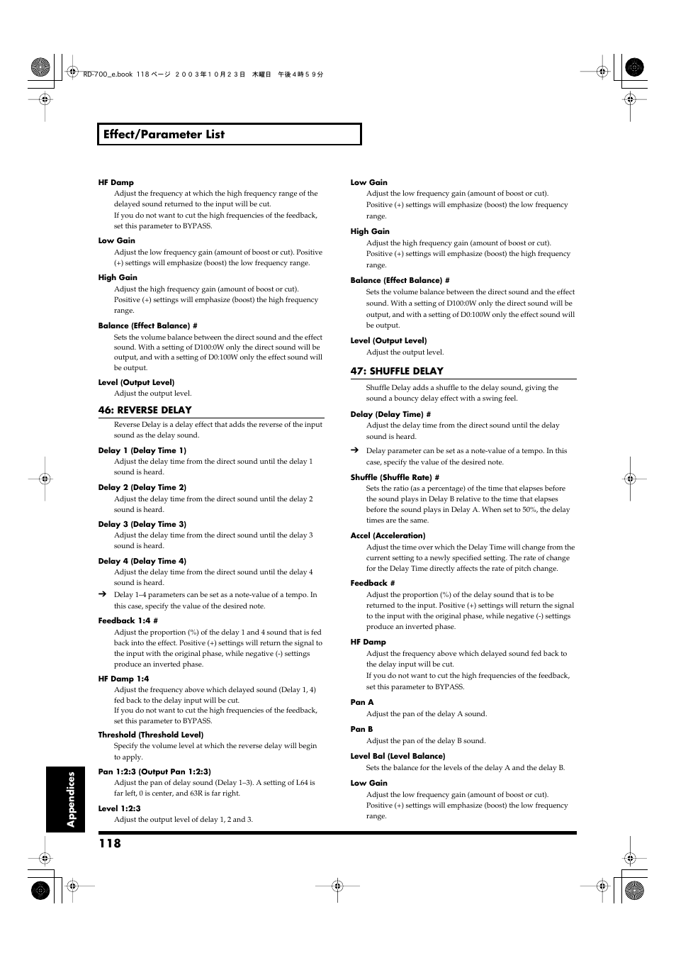 118 effect/parameter list | Roland RD-700 User Manual | Page 118 / 172