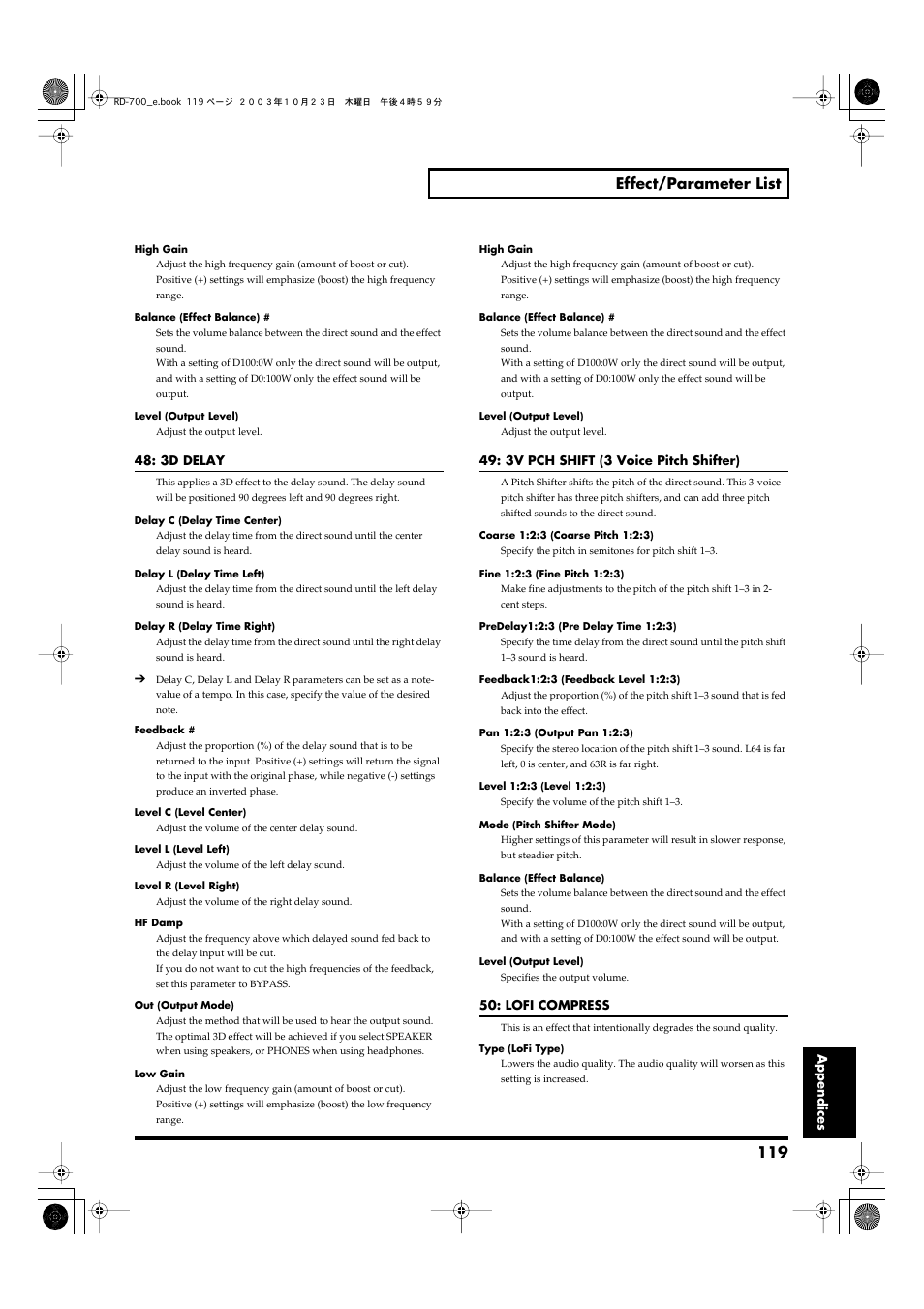 119 effect/parameter list | Roland RD-700 User Manual | Page 119 / 172