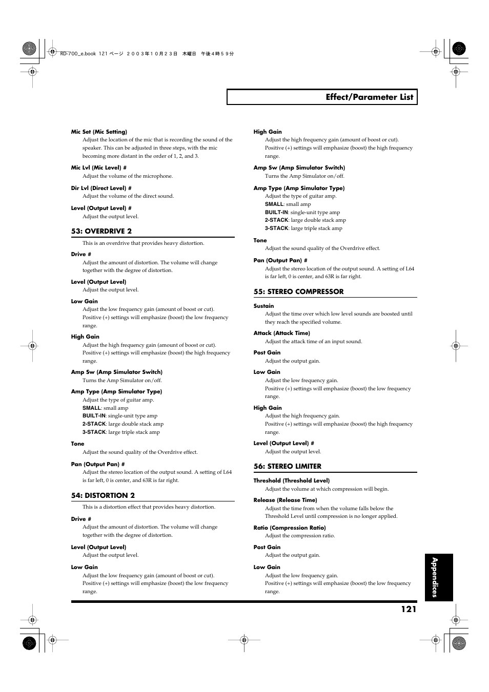 121 effect/parameter list | Roland RD-700 User Manual | Page 121 / 172