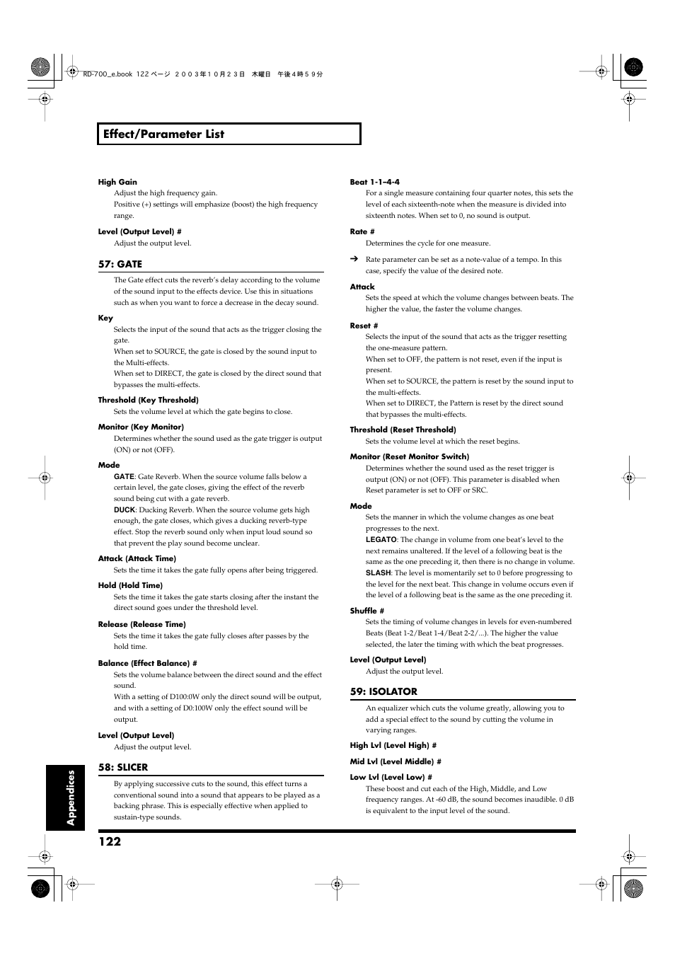 122 effect/parameter list | Roland RD-700 User Manual | Page 122 / 172