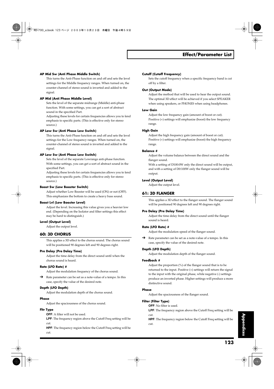 123 effect/parameter list | Roland RD-700 User Manual | Page 123 / 172