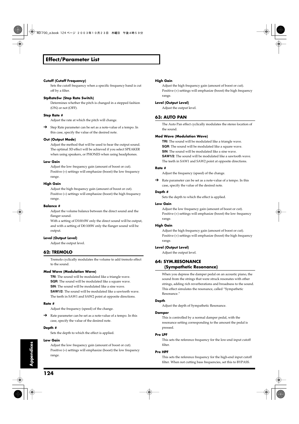 124 effect/parameter list | Roland RD-700 User Manual | Page 124 / 172