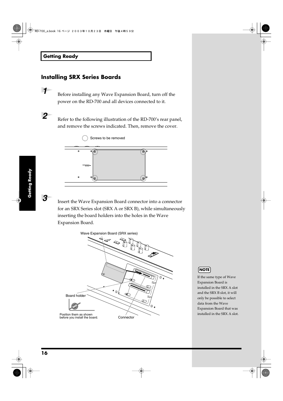 Installing srx series boards | Roland RD-700 User Manual | Page 16 / 172