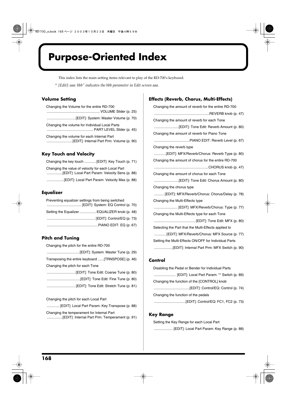 Purpose-oriented index, Volume setting, Key touch and velocity | Equalizer, Pitch and tuning, Effects (reverb, chorus, multi-effects), Control, Key range | Roland RD-700 User Manual | Page 168 / 172