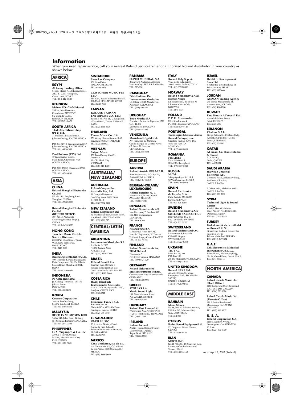 Information, Africa | Roland RD-700 User Manual | Page 170 / 172