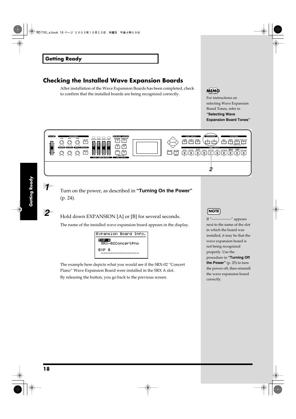 Checking the installed wave expansion boards | Roland RD-700 User Manual | Page 18 / 172