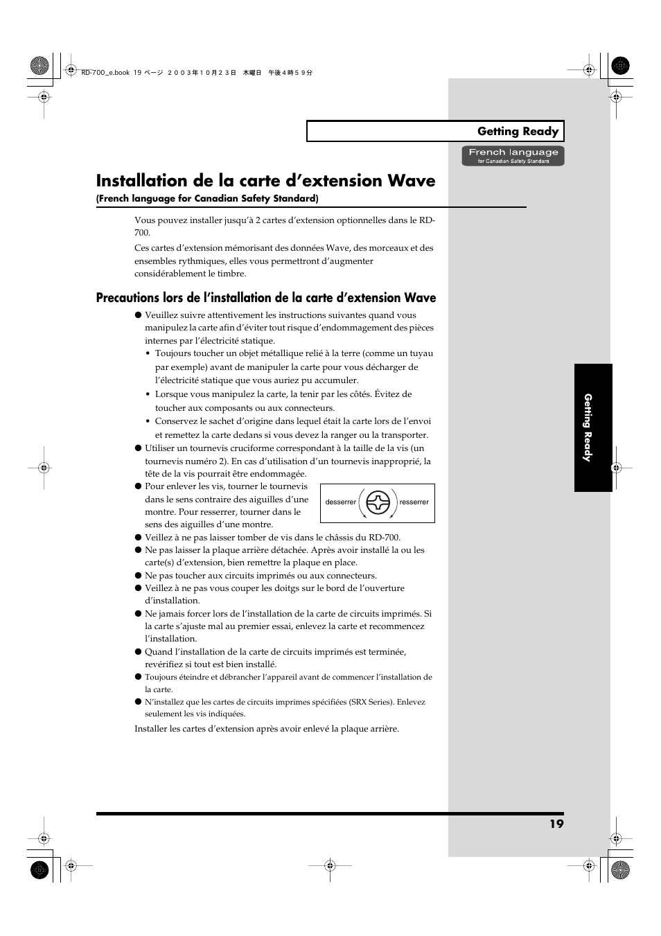 Installation de la carte d’extension wave | Roland RD-700 User Manual | Page 19 / 172