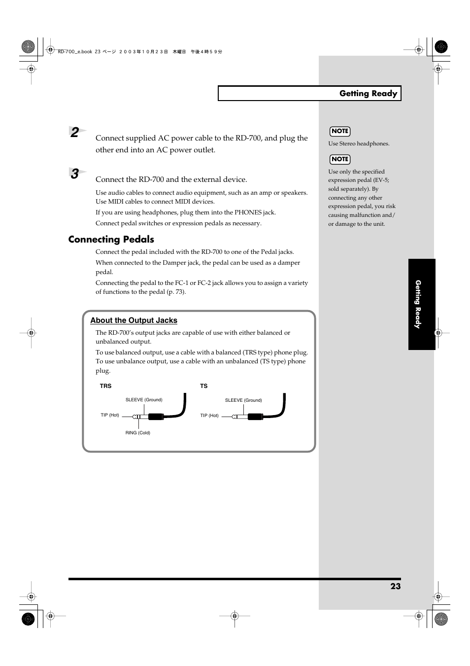 Connecting pedals | Roland RD-700 User Manual | Page 23 / 172