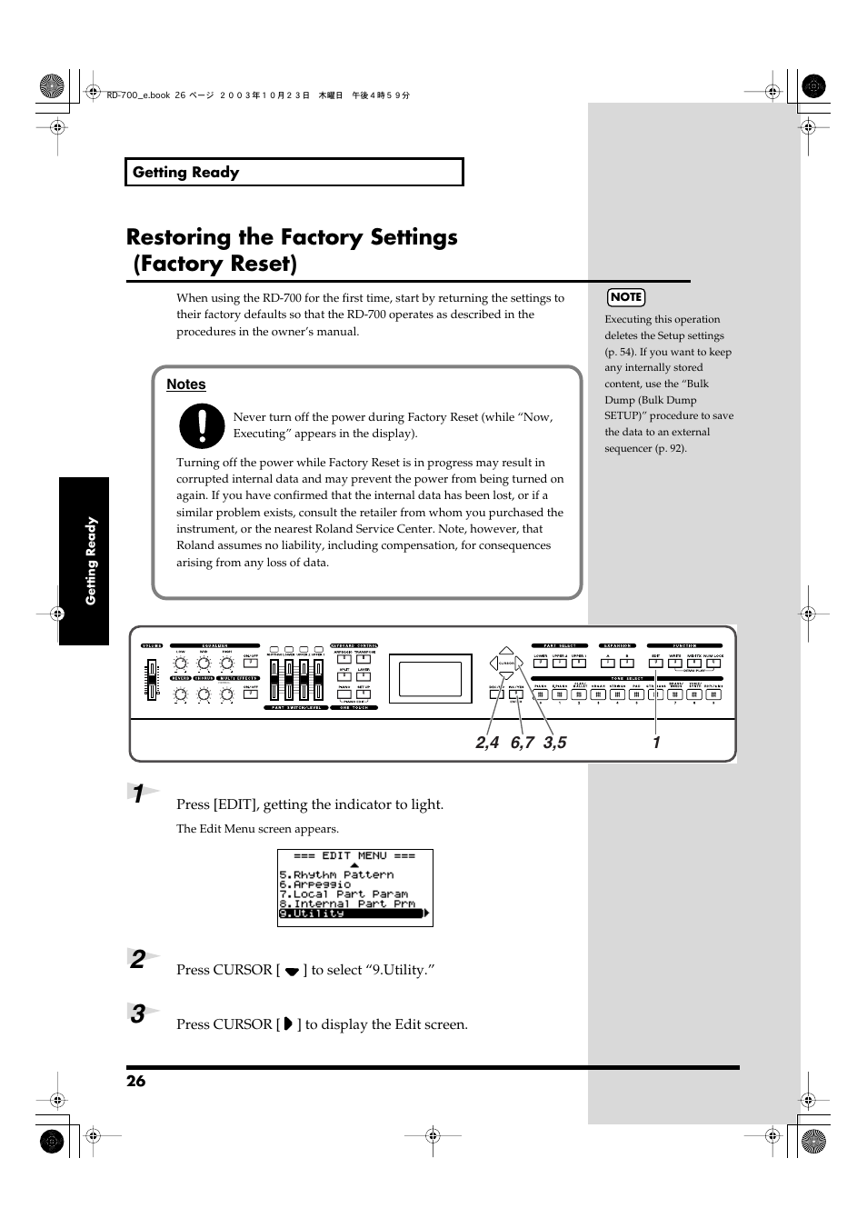 Restoring the factory settings (factory reset) | Roland RD-700 User Manual | Page 26 / 172