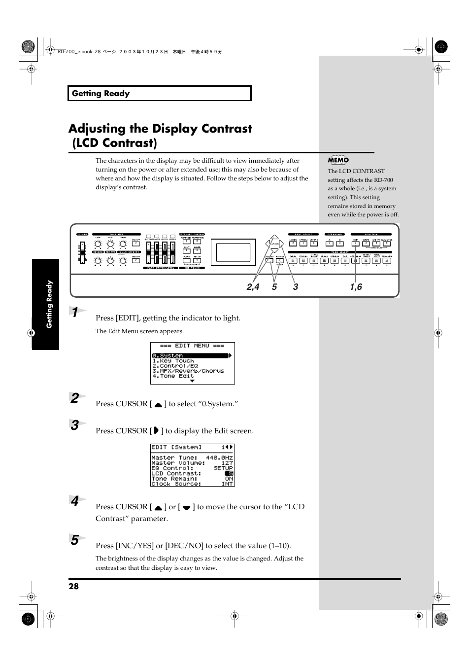 Adjusting the display contrast (lcd contrast) | Roland RD-700 User Manual | Page 28 / 172