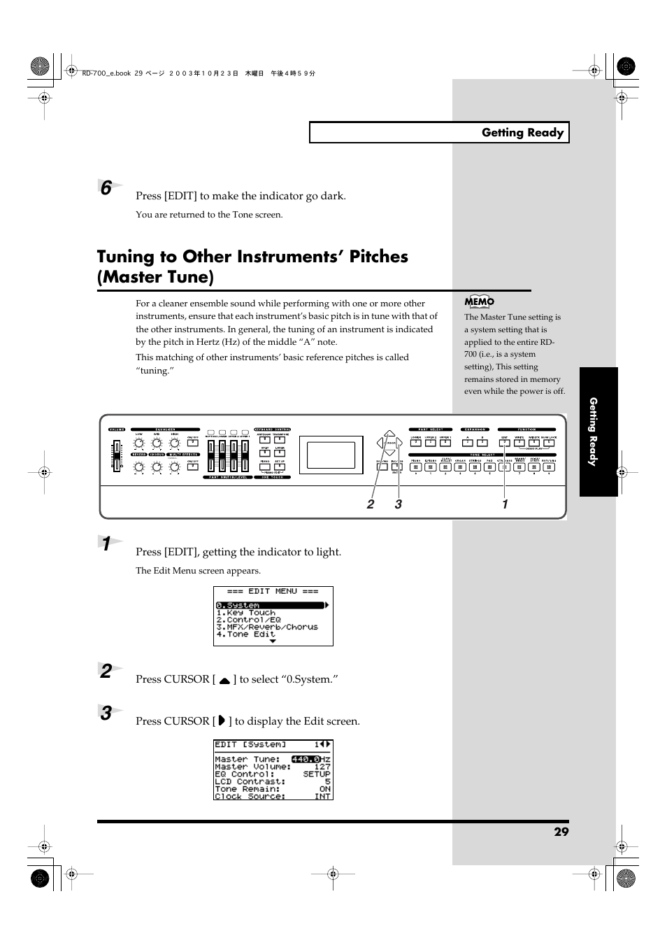 Tuning to other instruments’ pitches (master tune) | Roland RD-700 User Manual | Page 29 / 172