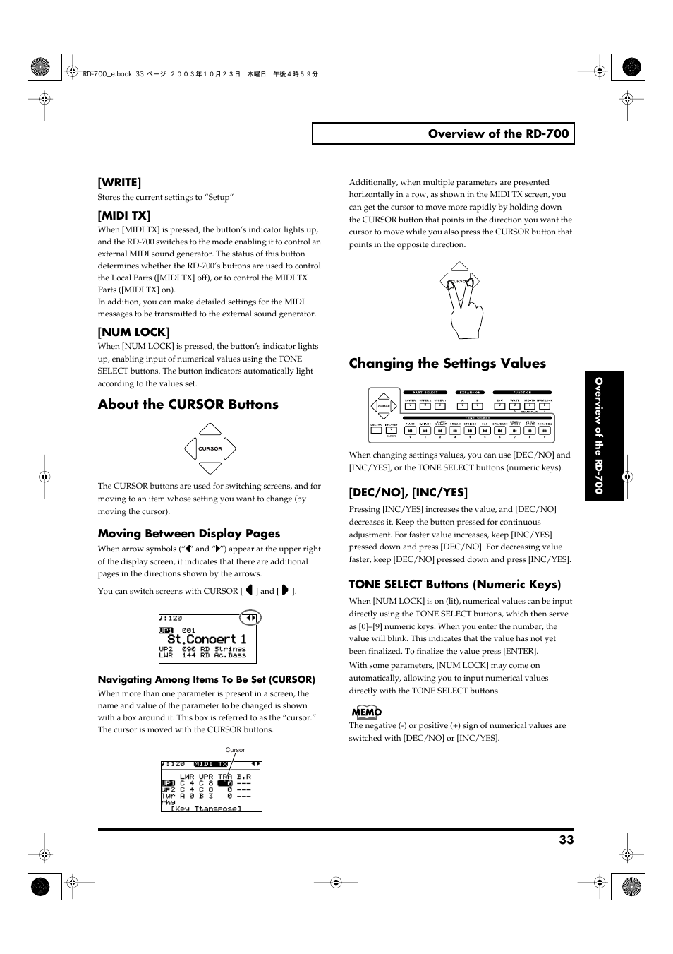 About the cursor buttons, Changing the settings values | Roland RD-700 User Manual | Page 33 / 172