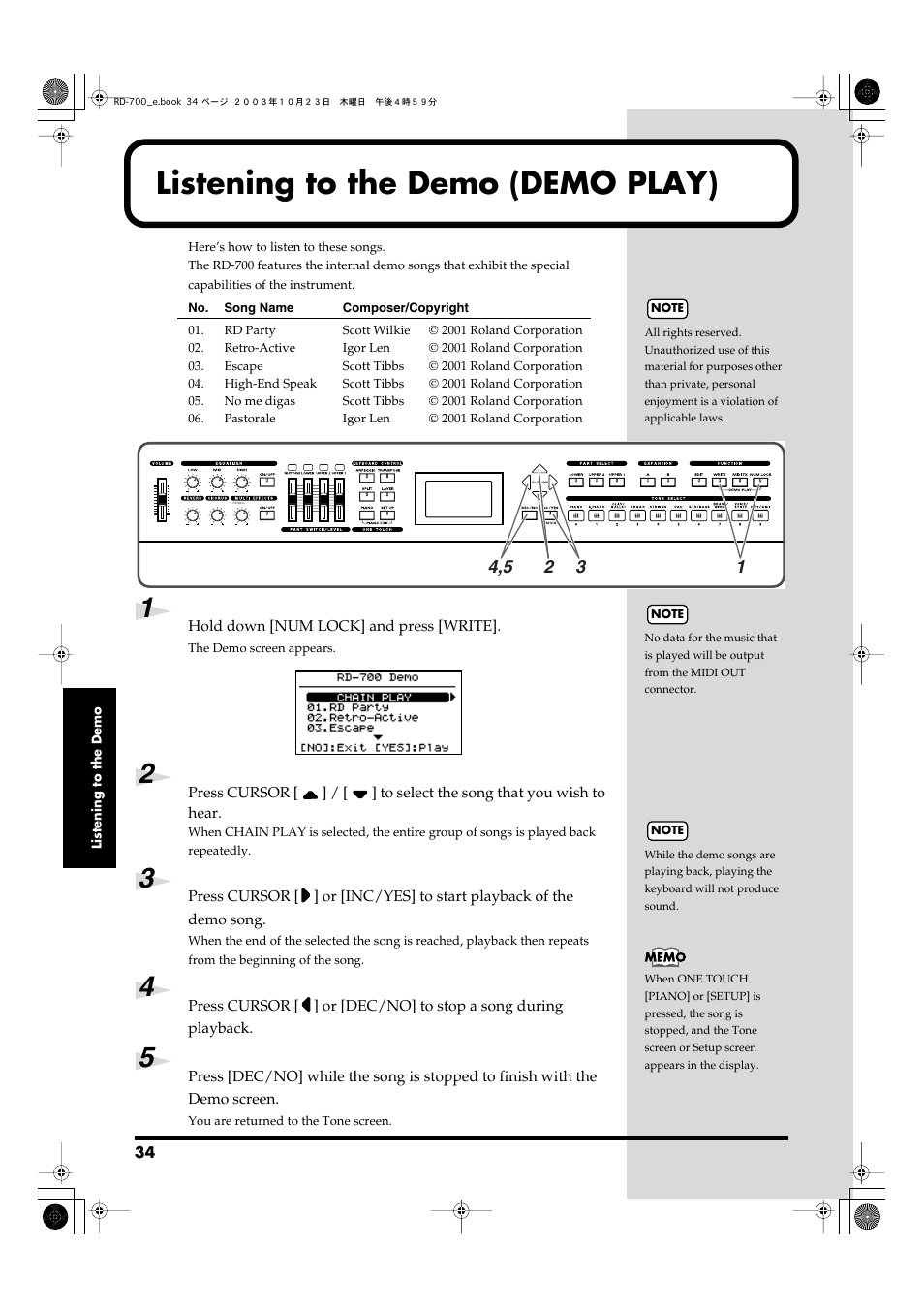 Listening to the demo (demo play), Play) (p. 34) | Roland RD-700 User Manual | Page 34 / 172