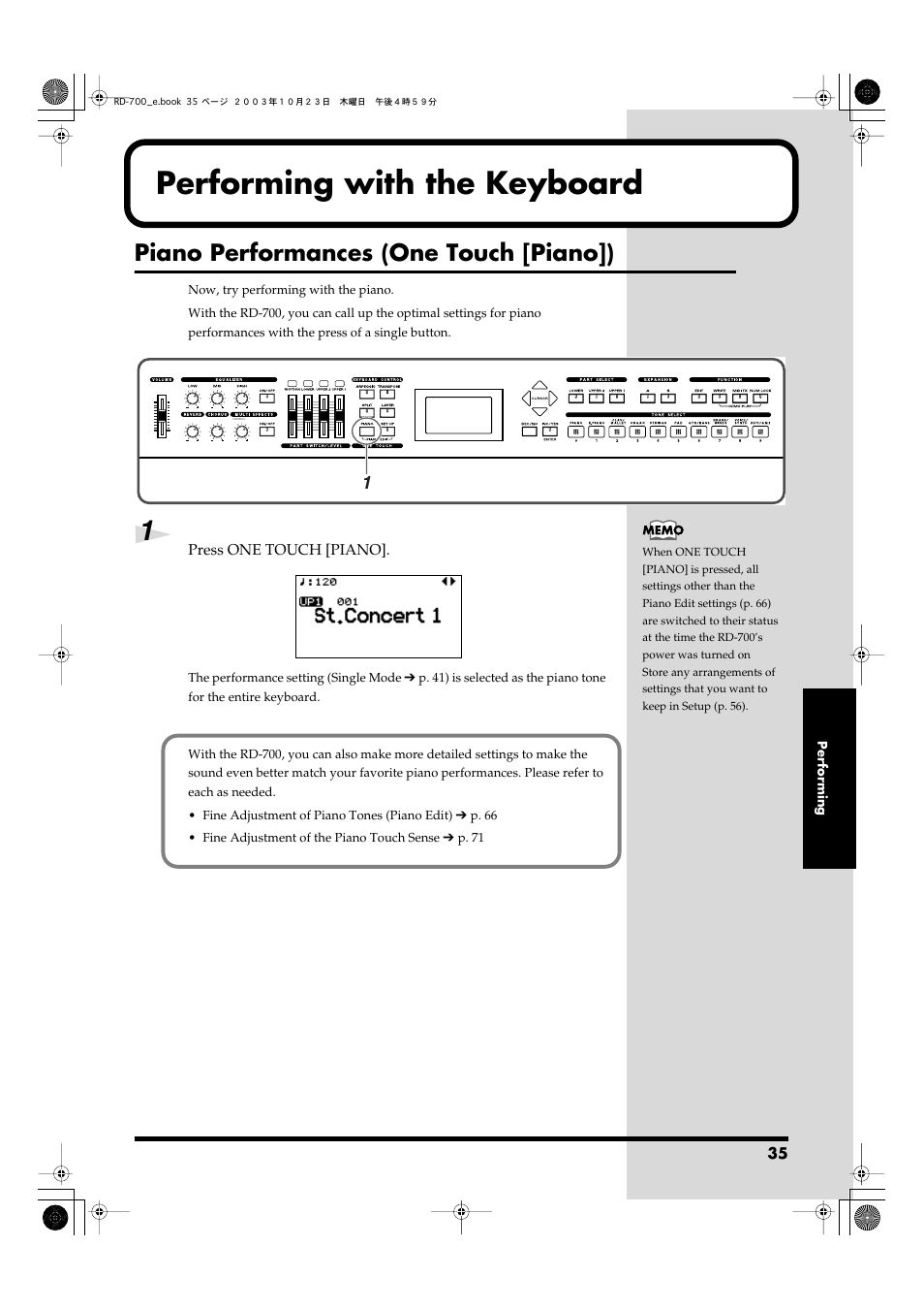 Performing with the keyboard, Piano performances (one touch [piano]) | Roland RD-700 User Manual | Page 35 / 172