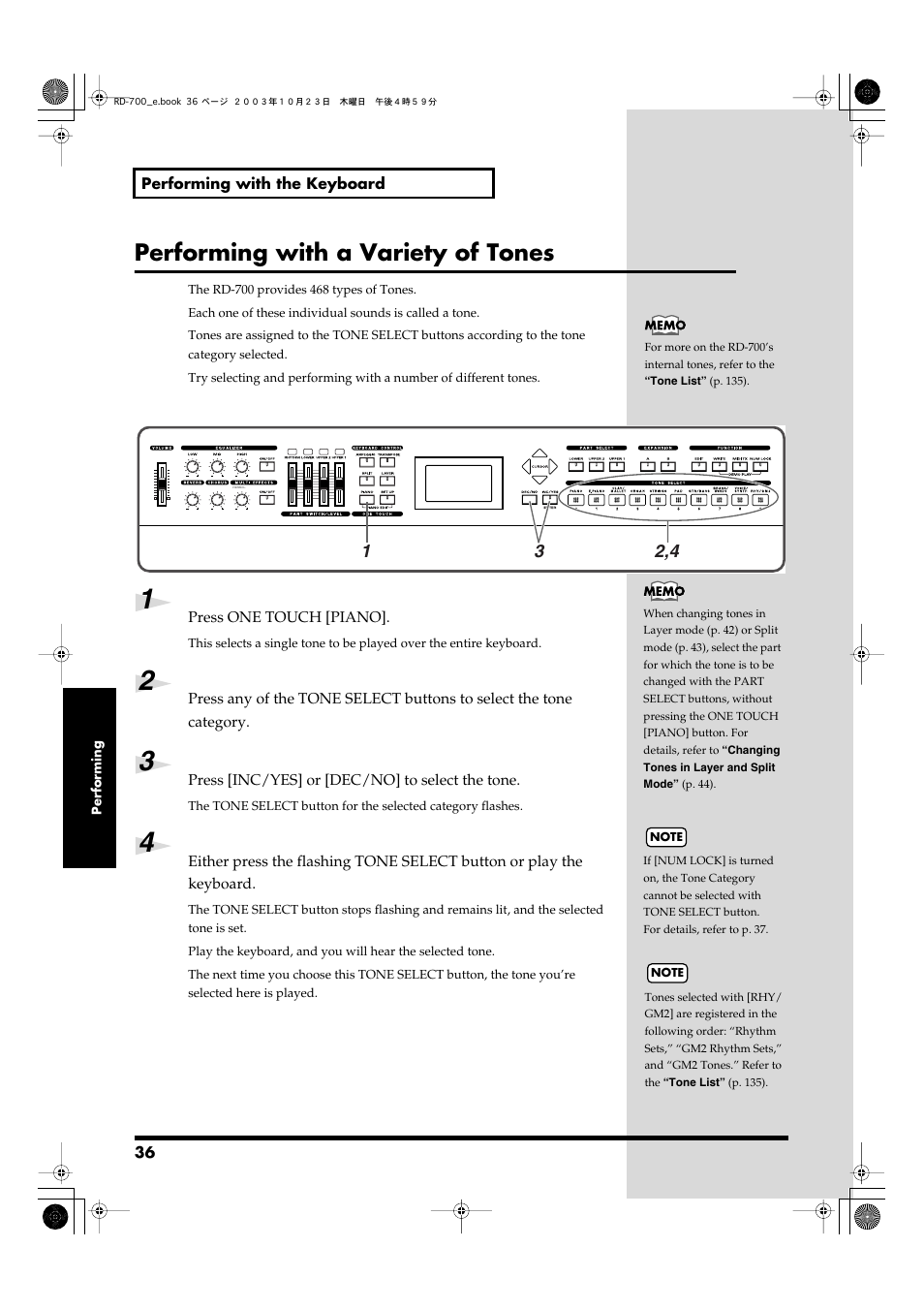 Performing with a variety of tones, Pressed to select tones (p. 36) | Roland RD-700 User Manual | Page 36 / 172