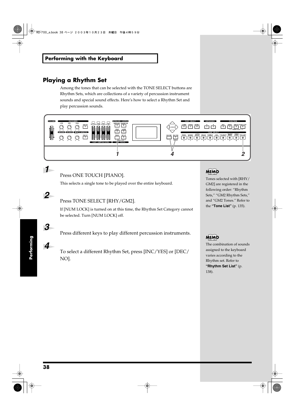 Playing a rhythm set | Roland RD-700 User Manual | Page 38 / 172