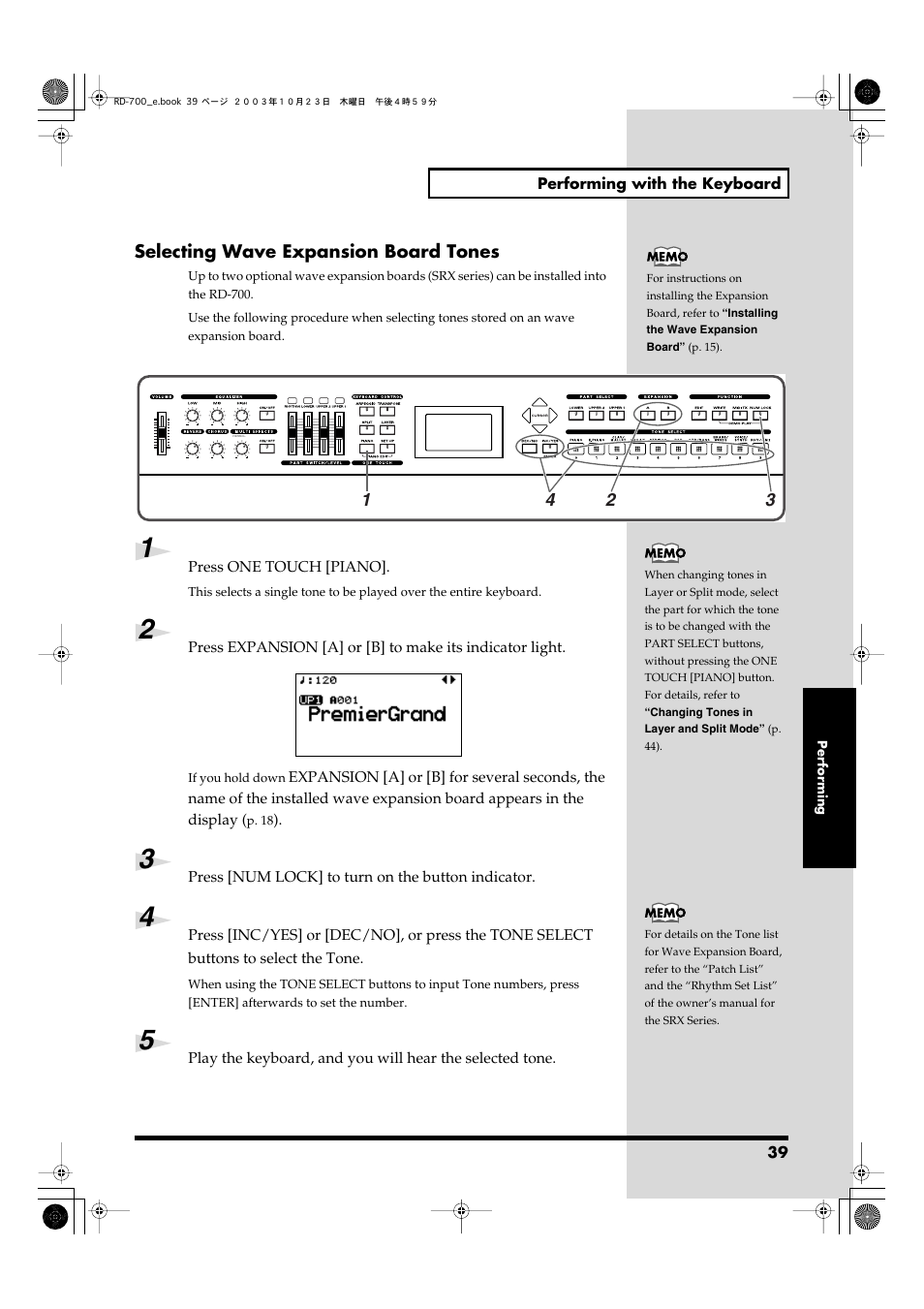 Selecting wave expansion board tones, Separately (p. 39), Selecting wave | Expansion board tones | Roland RD-700 User Manual | Page 39 / 172