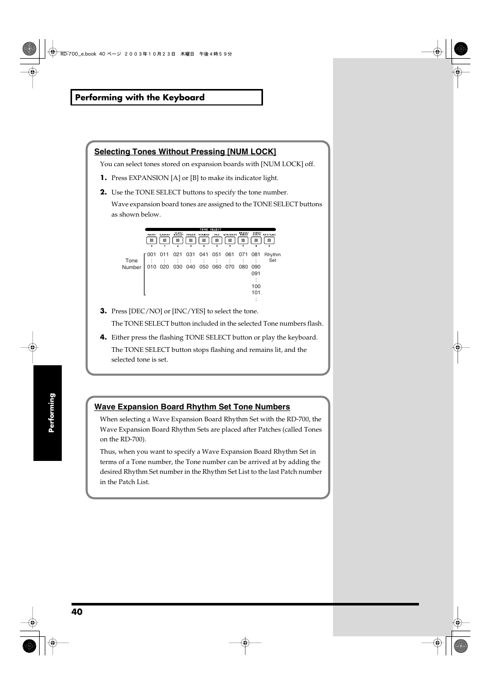 40 performing with the keyboard, Selecting tones without pressing [num lock, Wave expansion board rhythm set tone numbers | Roland RD-700 User Manual | Page 40 / 172