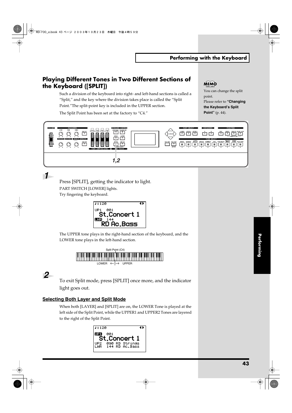 Different parts of the keyboard (p. 43), Mode (p. 43), select the part | Roland RD-700 User Manual | Page 43 / 172