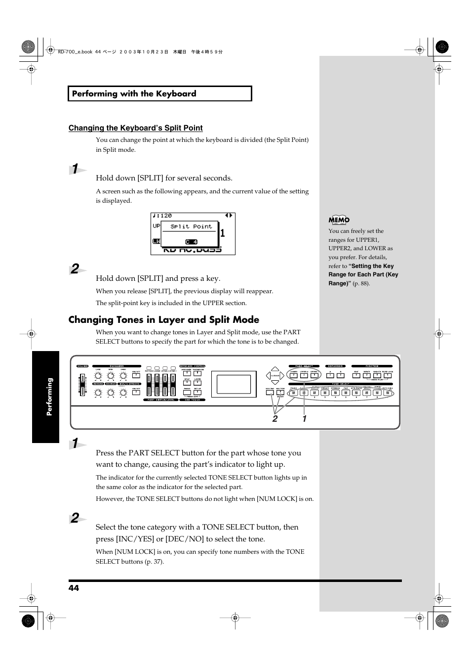 Changing tones in layer and split mode, Changing tones in layer and split, Mode | P. 44), Changing tones in, Layer and split mode | Roland RD-700 User Manual | Page 44 / 172