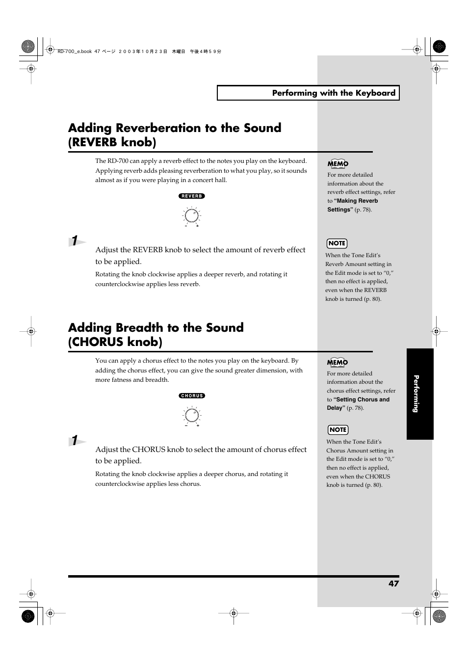 Adding reverberation to the sound (reverb knob), Adding breadth to the sound (chorus knob), Adjusts the amount of reverb (p. 47) | Adjusts the amount of chorus (p. 47) | Roland RD-700 User Manual | Page 47 / 172